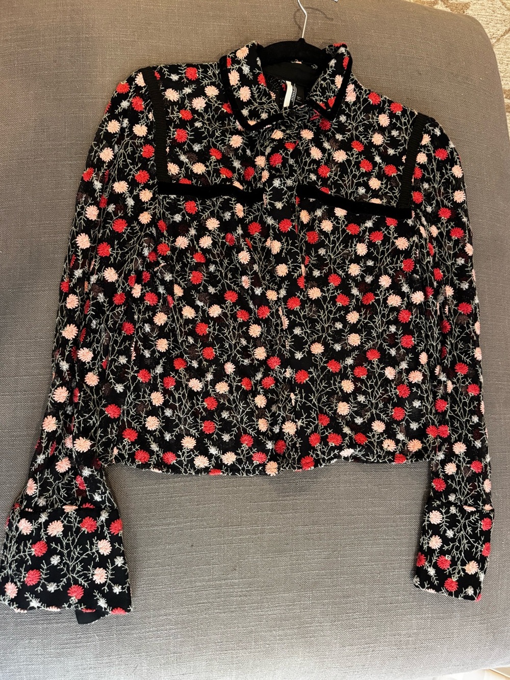 Topshop Black Cropped Button-Down Blouse with Red & Pink Floral Embroidery